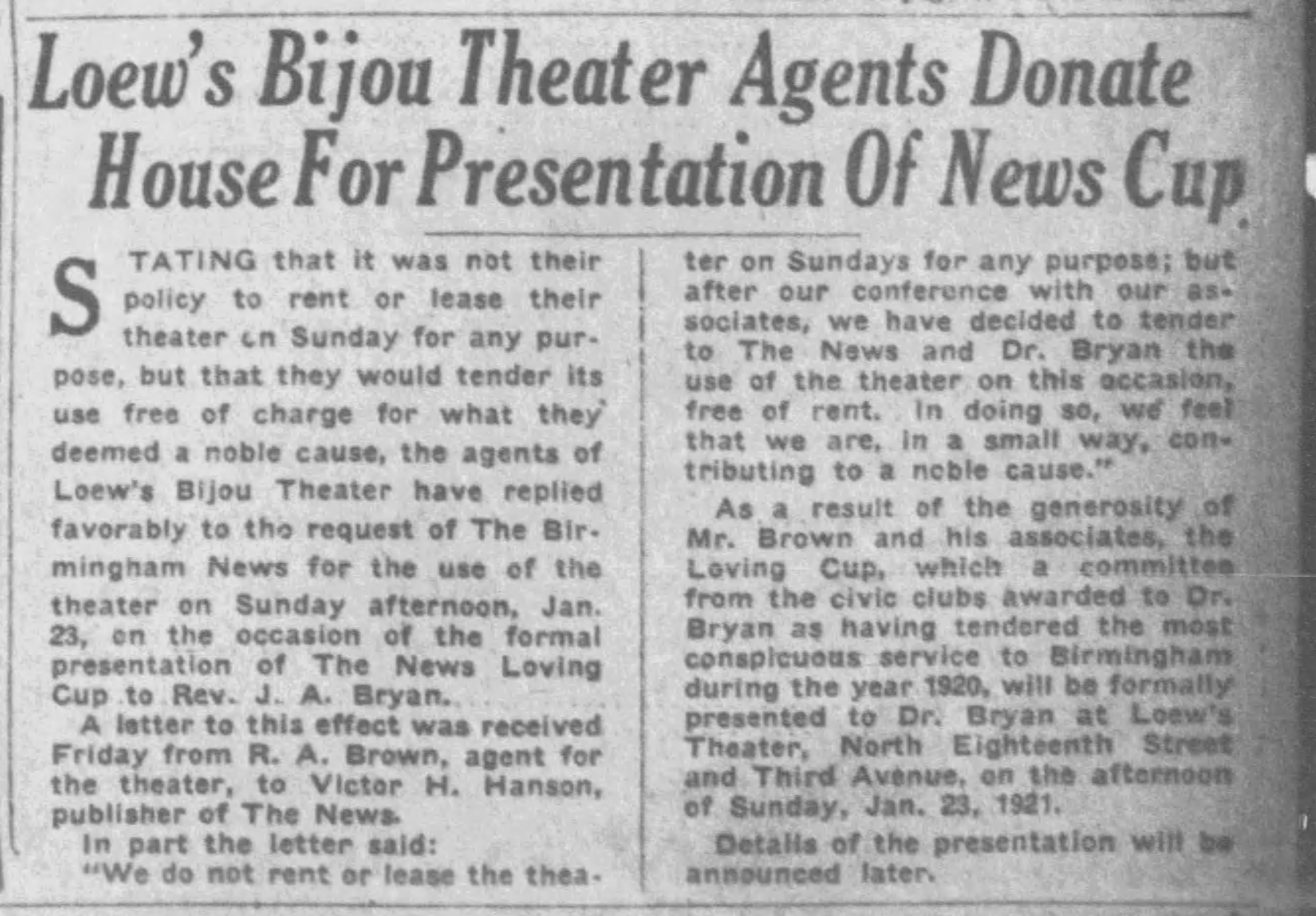 Loew's Bijou Theater Agents Donate House for Presentation of News Cup